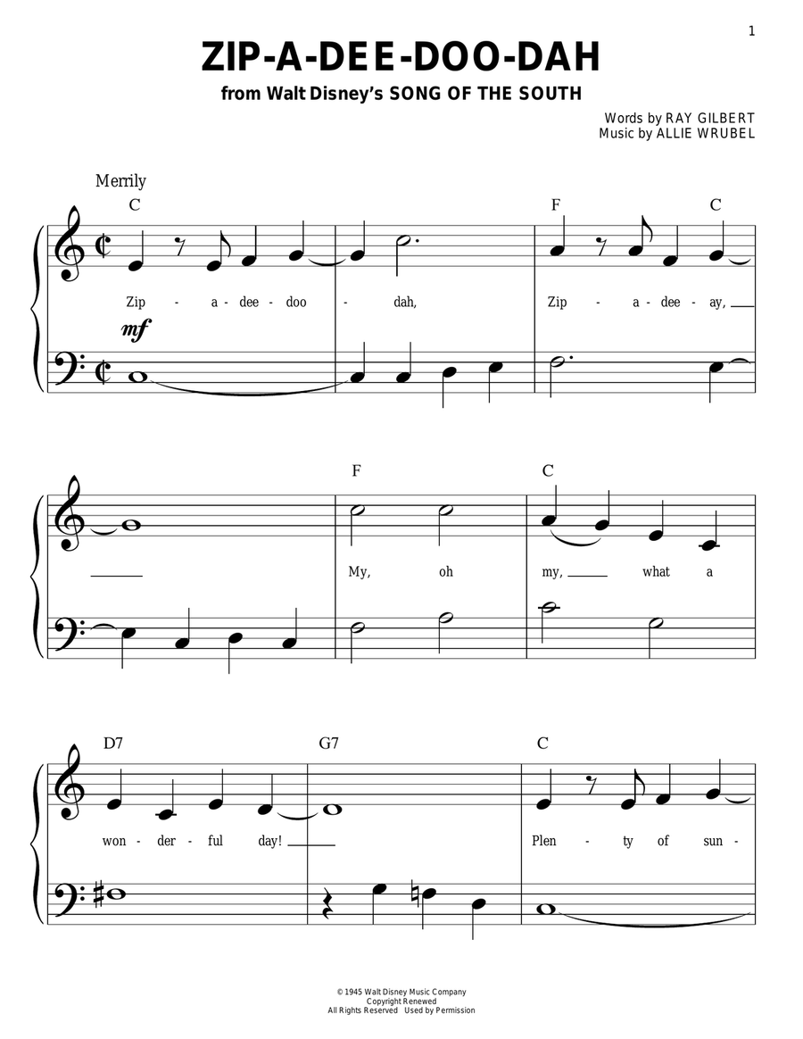 Zip-A-Dee-Doo-Dah (from Song Of The South) Easy Piano scores gallery preview page 1