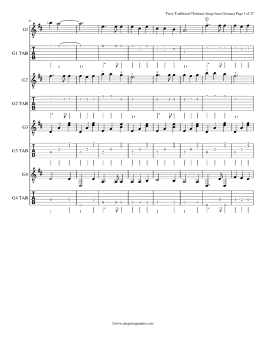 Three Traditional Christmas Songs from Germany for Four Guitars Guitar Tablature scores gallery preview page 6