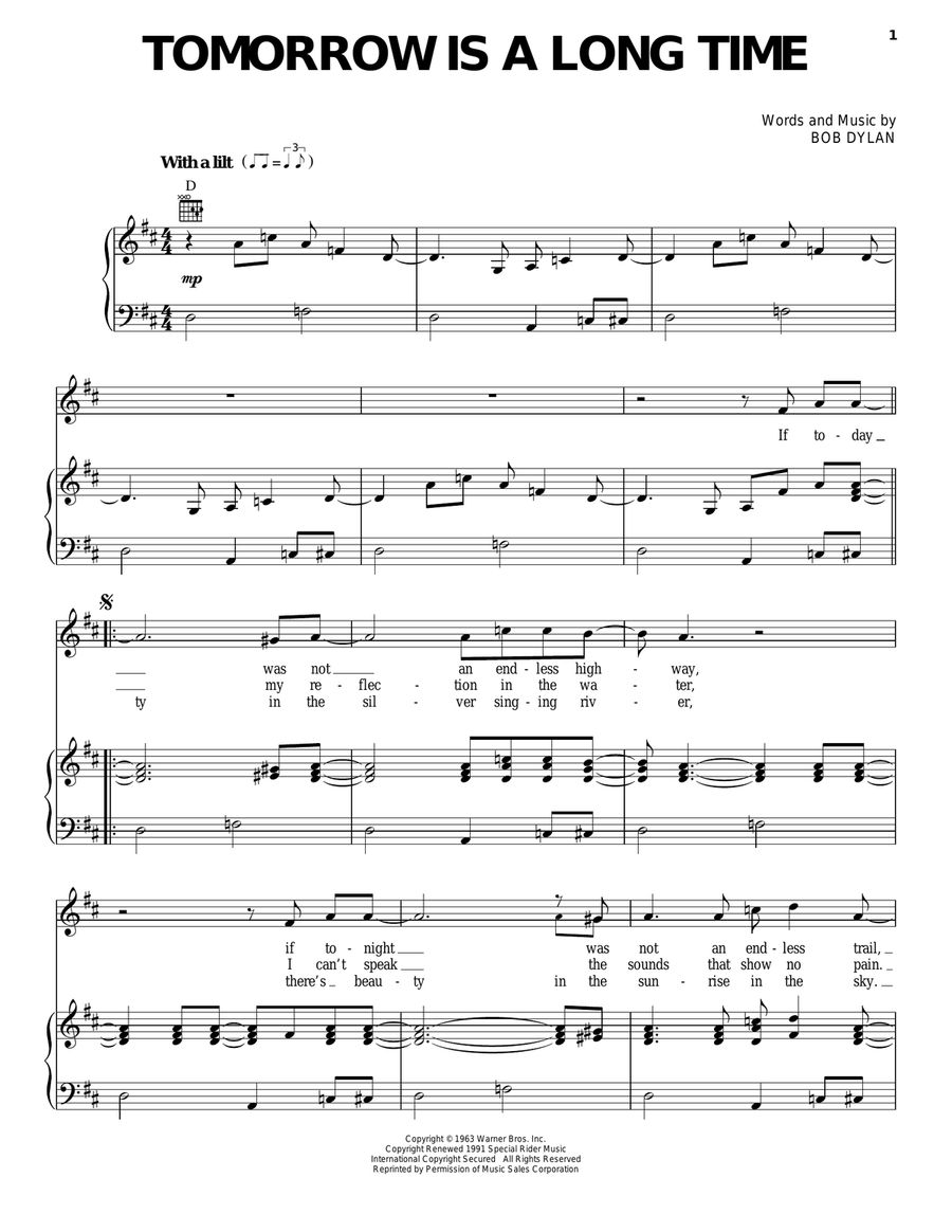 Tomorrow Is A Long Time Piano, Vocal, Guitar scores gallery preview page 1