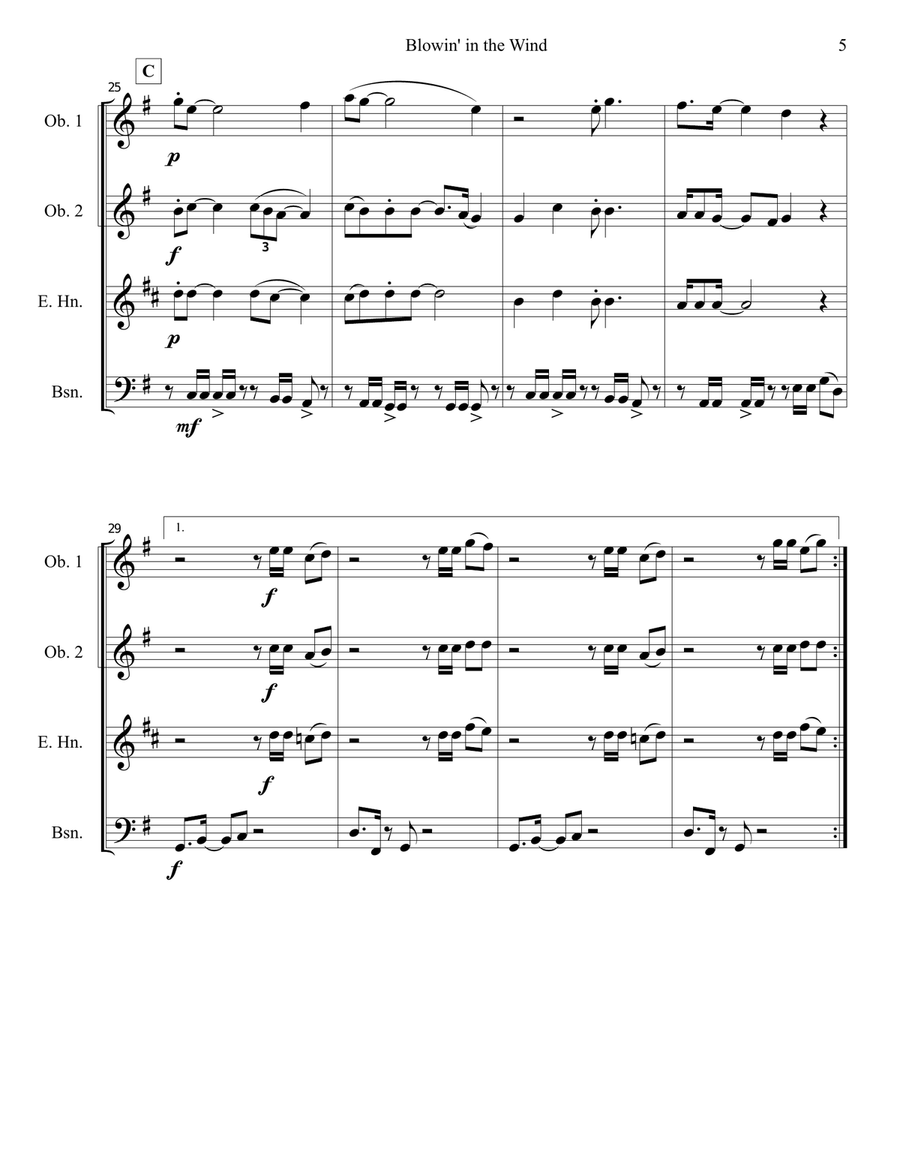 Blowin' In The Wind Woodwind Quartet scores gallery preview page 6