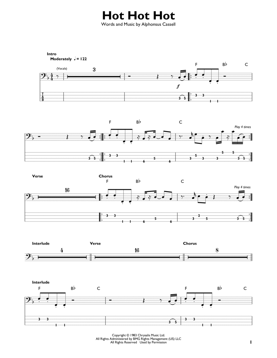 Hot Hot Hot Hot Hot Hot Bass Guitar scores gallery preview page 1