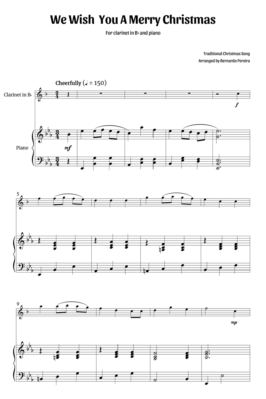 We Wish You A Merry Christmas (clarinet and piano – clean sheet music) B-Flat Clarinet scores gallery preview page 1