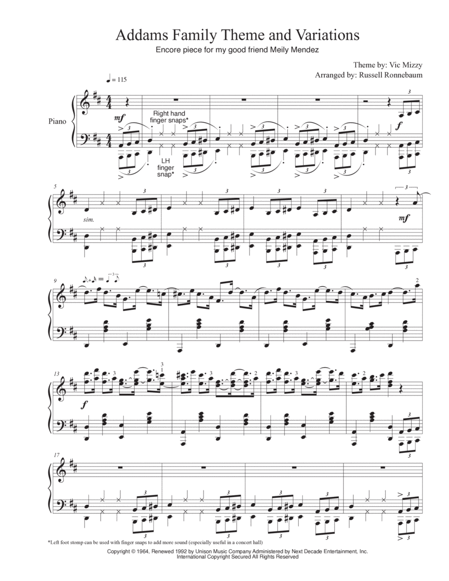 Addams Family Theme Piano Solo scores gallery preview page 1