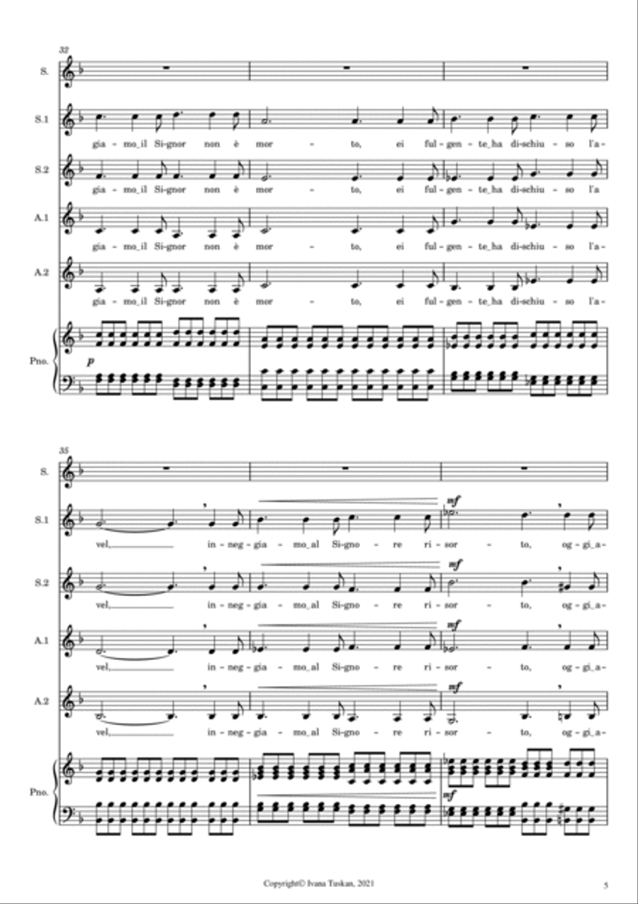 Regina Coeli (from Cavalleria rusticana) SSAA, soprano solo, piano/organ reduced version SSAA scores gallery preview page 5