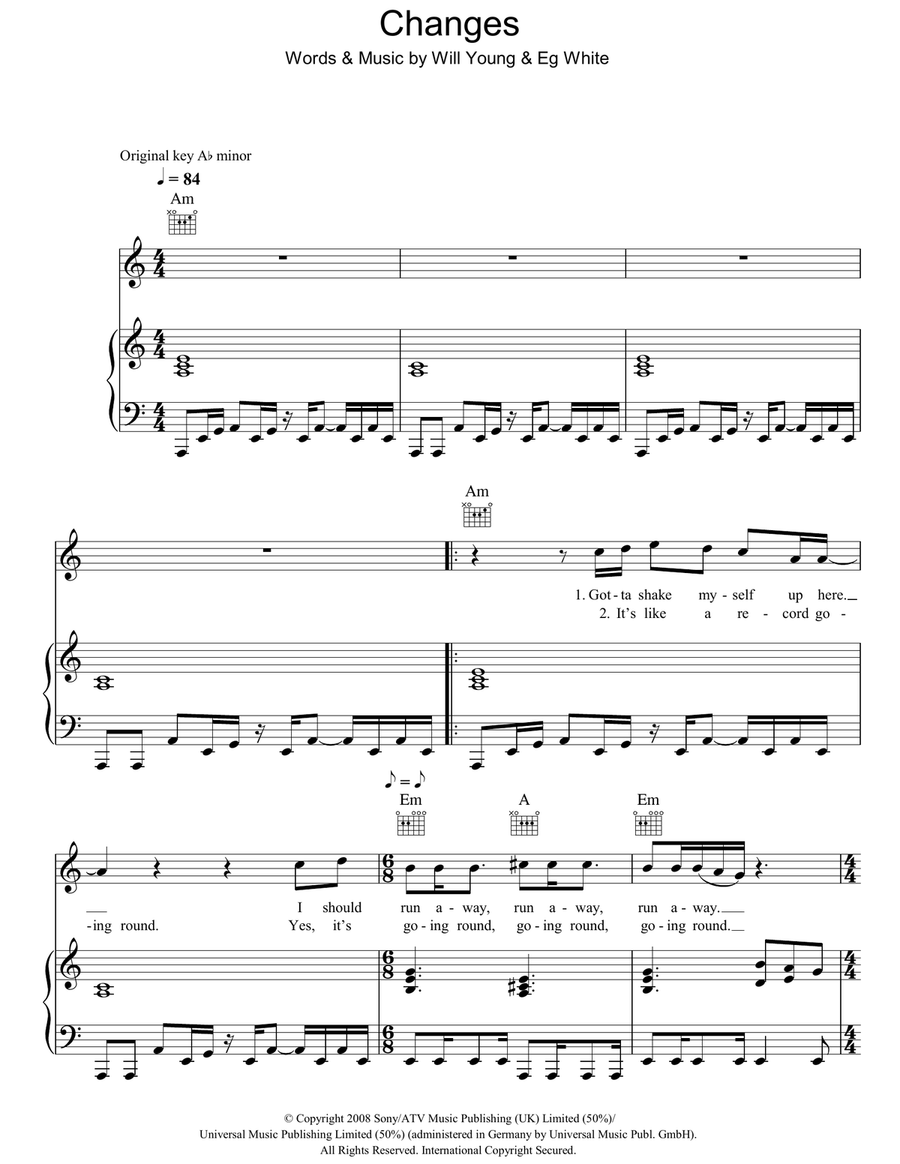 Changes Piano, Vocal, Guitar scores gallery preview page 1