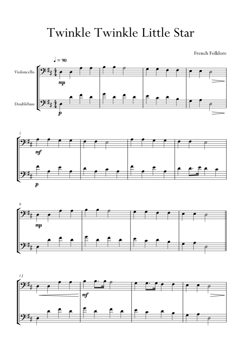 Twinkle Twinkle Little Star in D Major for Cello (Violoncello) and Double Bass Duo. Easy version. image number null