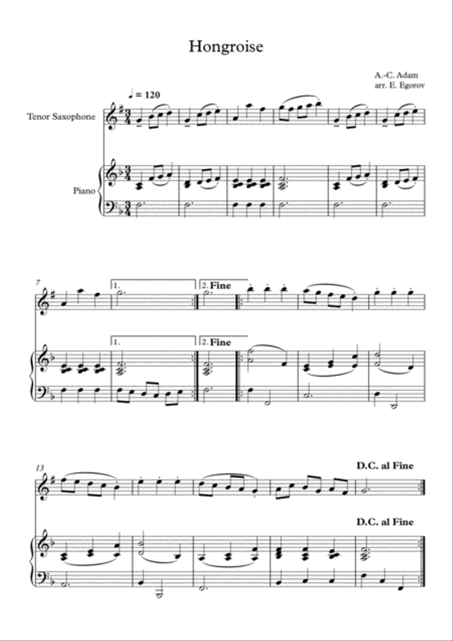 Hongroise, Adolphe-Charles Adam, For Tenor Saxophone & Piano Tenor Saxophone scores gallery preview page 1