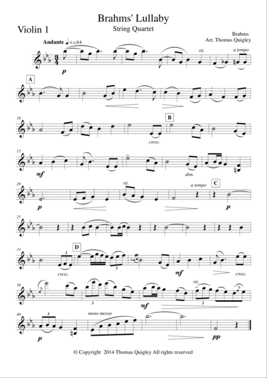 Brahms' Lullaby Brahms' Lullaby String Quartet scores gallery preview page 4