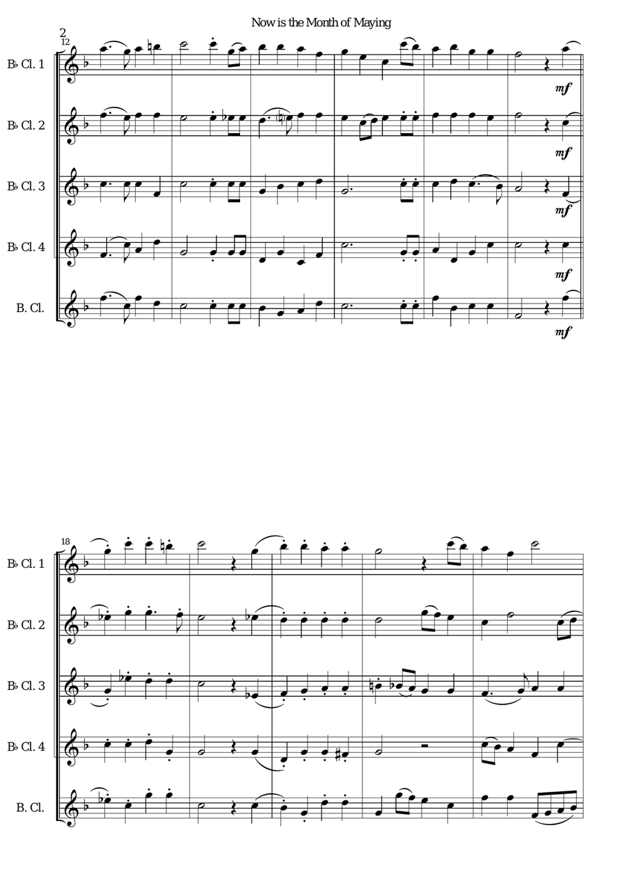 Now is the Month of Maying with variations for clarinet quintet (4 B flats, 1 Bass) Clarinet Quintet scores gallery preview page 2