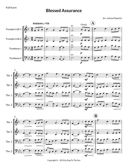 Blessed Assurance - Brass Quartet For Trumpet and Trombone (Easy) Score And All Part Included image number null