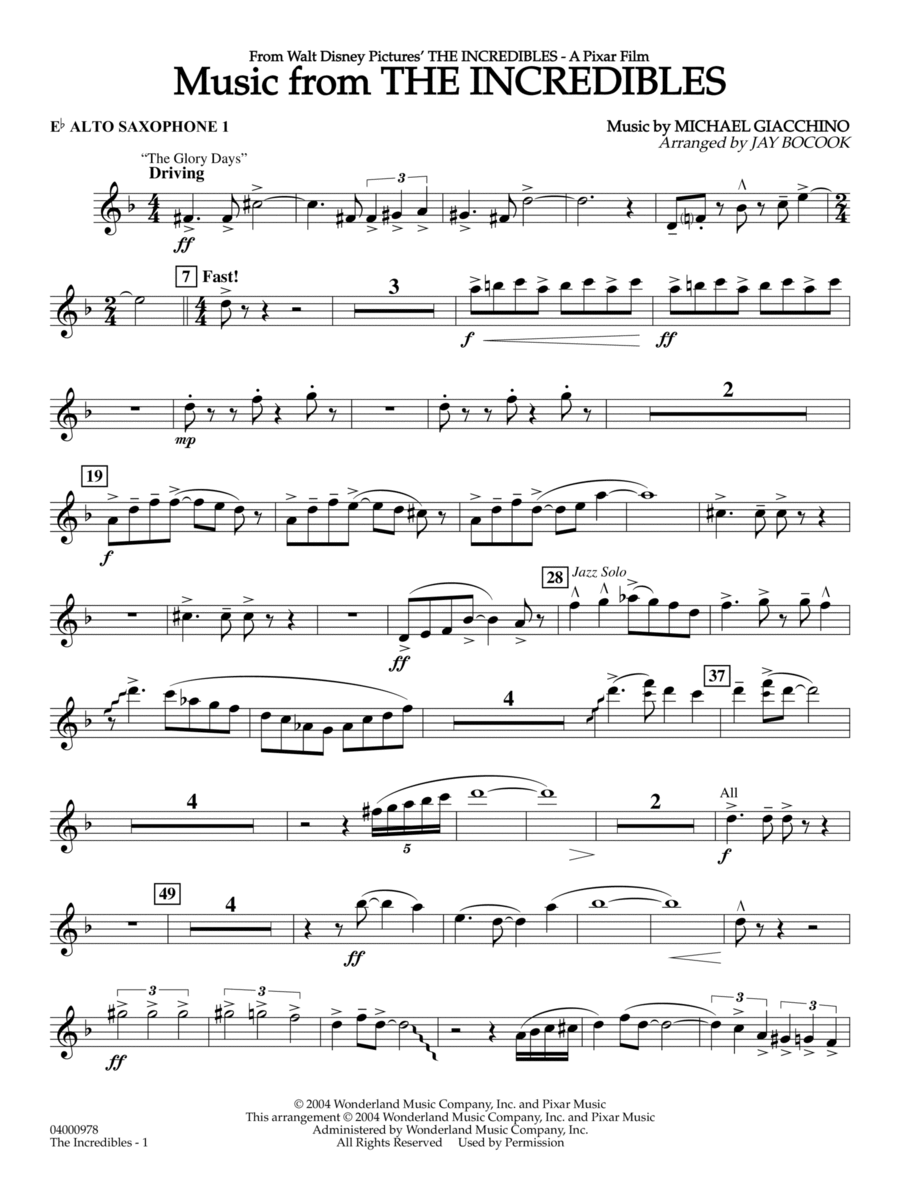 Music from The Incredibles (arr. Jay Bocook) - Eb Alto Saxophone 1 Concert Band scores gallery preview page 1