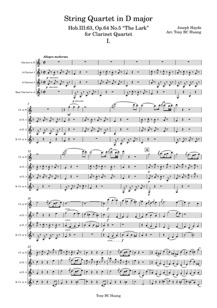 String Quartet in D major, Hob.III:63, Op.64 No.5 “The Lark” for Clarinet Quartet image number null