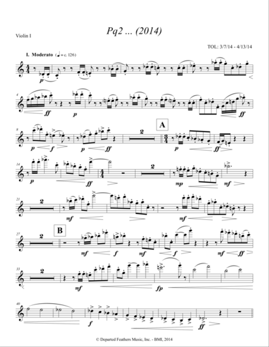 Pq2 ... (2014) for piano and string quartet, violin 1 part Piano Quintet scores gallery preview page 1