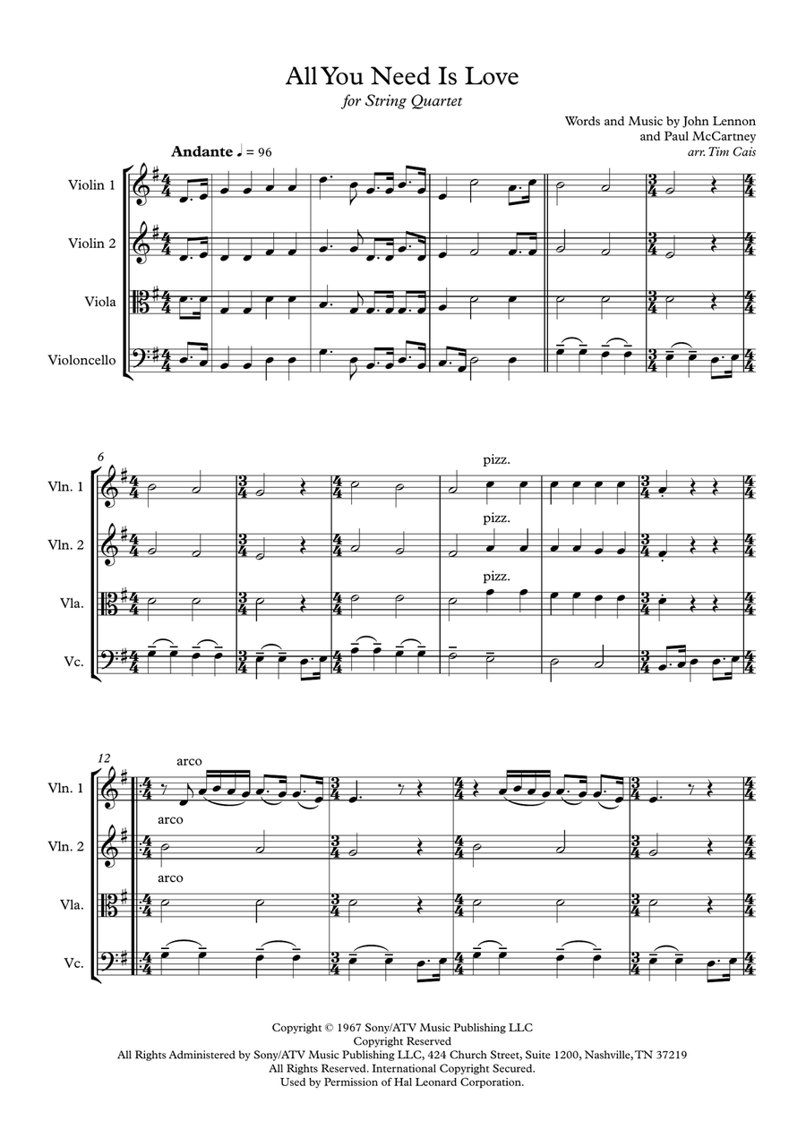 All You Need Is Love String Quartet scores gallery preview page 1
