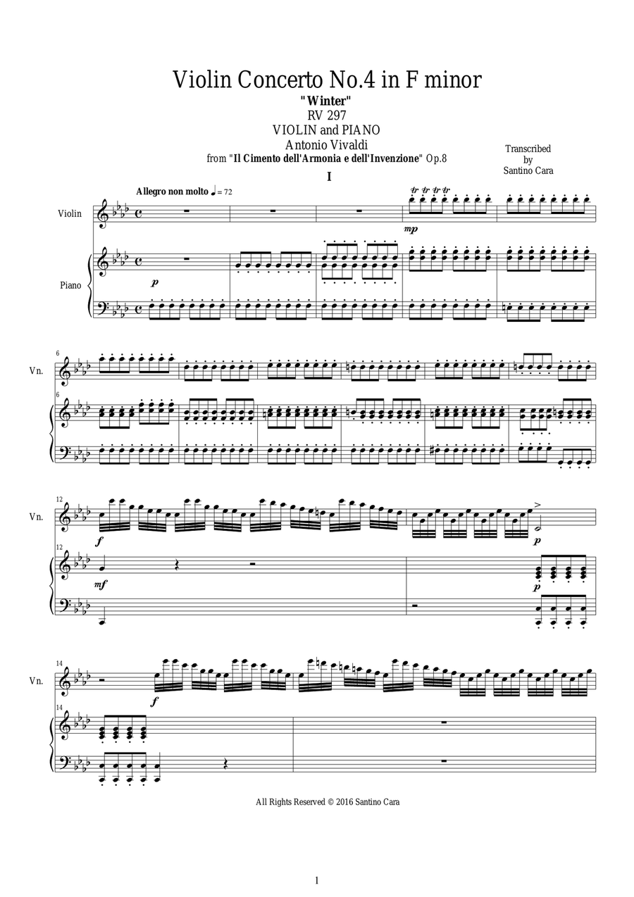 Vivaldi - Concerto No.4 in F minor Op.8 Winter RV 297 for Violin and Piano Violin Solo scores gallery preview page 1