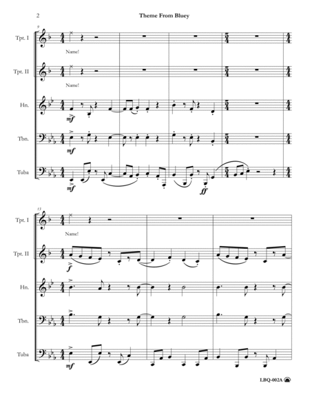 Bluey Theme Song Brass Quintet - Digital Sheet Music