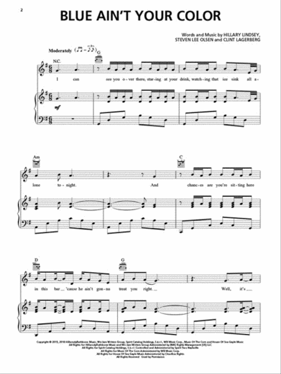 Blue Ain't Your Color Piano, Vocal, Guitar scores gallery preview page 2