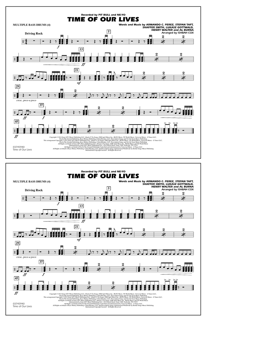Time of Our Lives - Multiple Bass Drums Marching Band scores gallery preview page 1