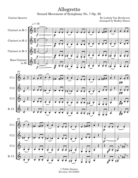 Allegretto from Symphony No. 7 Second Movement Op. 92 for Clarinet Quartet image number null