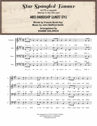Book cover for The Star Spangled Banner, SATB a cappella, Mixed Barbershop Quartet Style