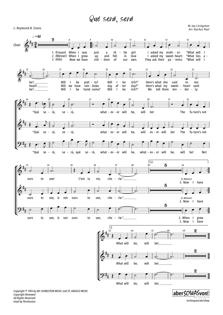 Que Sera, Sera (whatever Will Be, Will Be) 3-Part scores gallery preview page 1