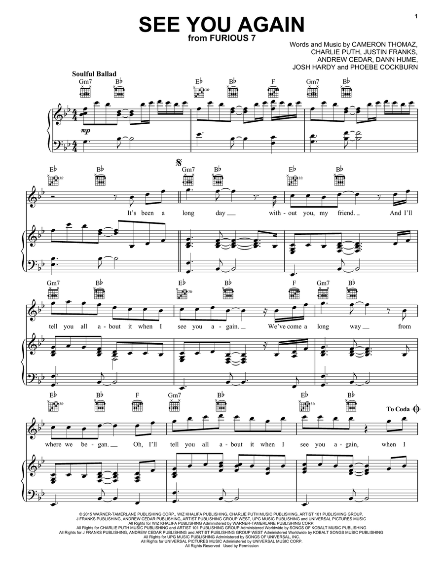 See You Again (feat. Charlie Puth) Piano, Vocal, Guitar scores gallery preview page 1