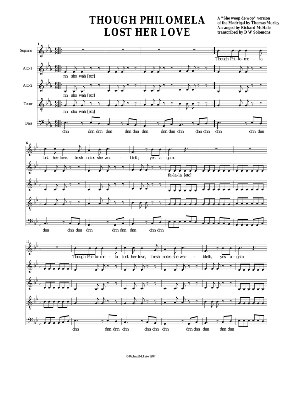 Though Philomela lost her love (She-woop-de-wop version) 4-Part scores gallery preview page 1
