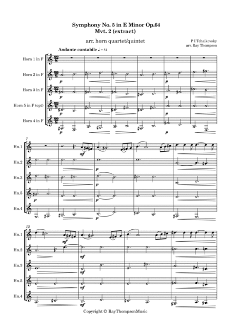 Tchaikovsky: Symphony No. 5 Op.64 Mvt.II Andante cantabile (extract) - horn quartet Brass Quartet scores gallery preview page 2