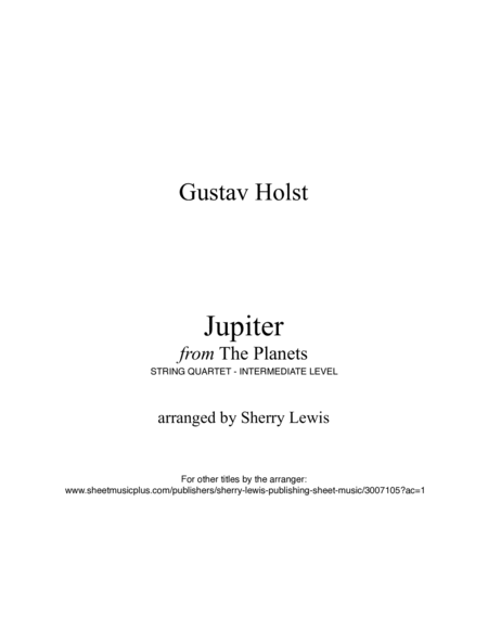 JUPITER from The Planets String Quartet, Intermediate Level for 2 violins, viola and cello image number null