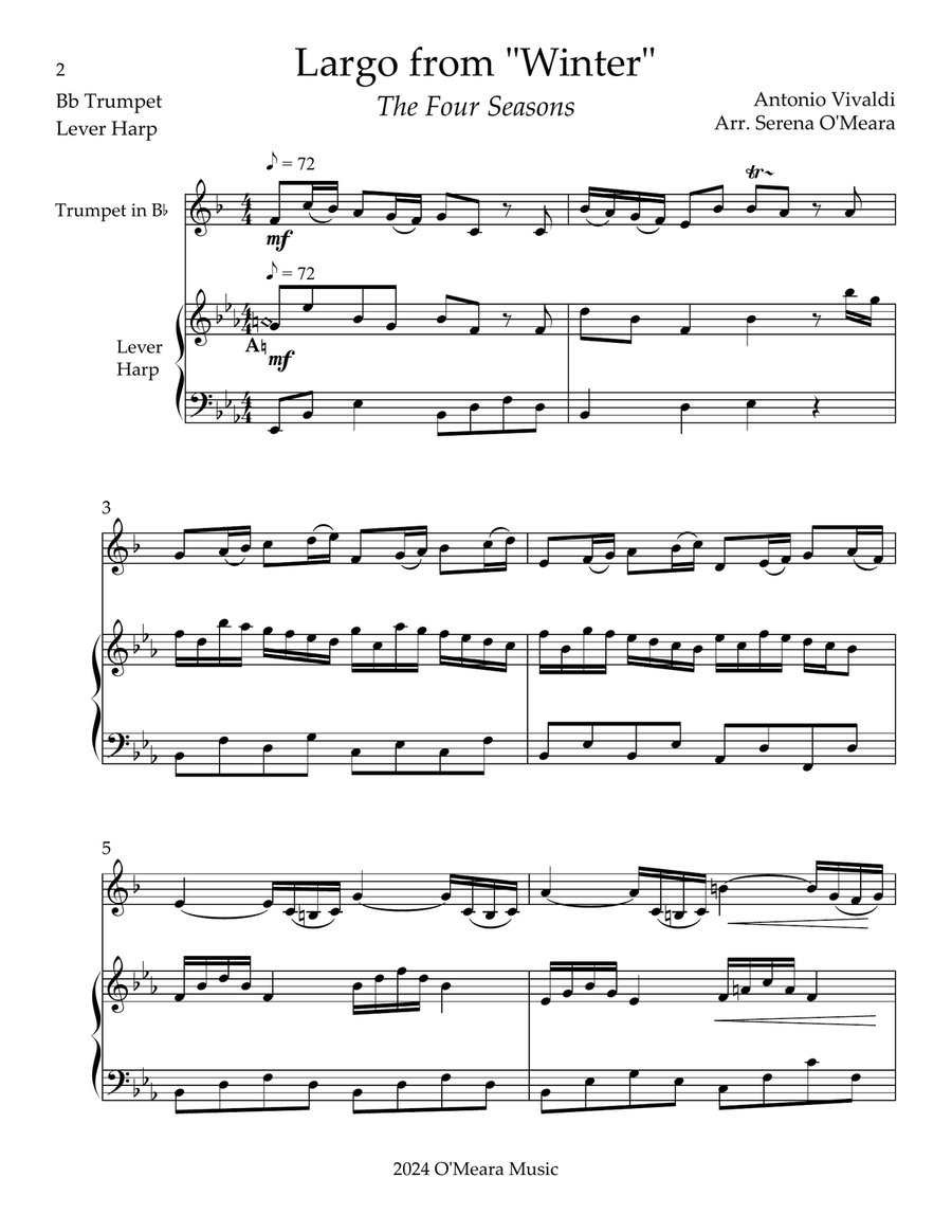 Largo from “Winter”, Duet for Bb Trumpet & Lever Harp Trumpet Duet scores gallery preview page 2