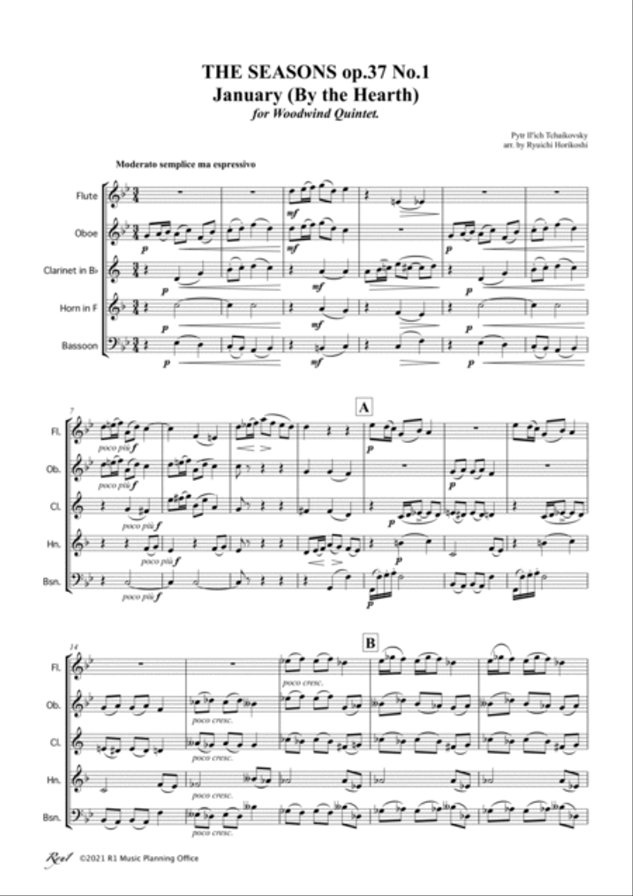 Tchaikovsky: THE SEASONS op.37 No.1 January (By the Hearth) Woodwind Quintet scores gallery preview page 3