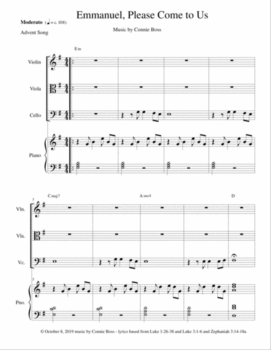Emmanuel, Please Come to Us - Strings and piano with parts Emmanuel, Please Come to Us - Strings and piano with parts Small Ensemble scores gallery preview page 1