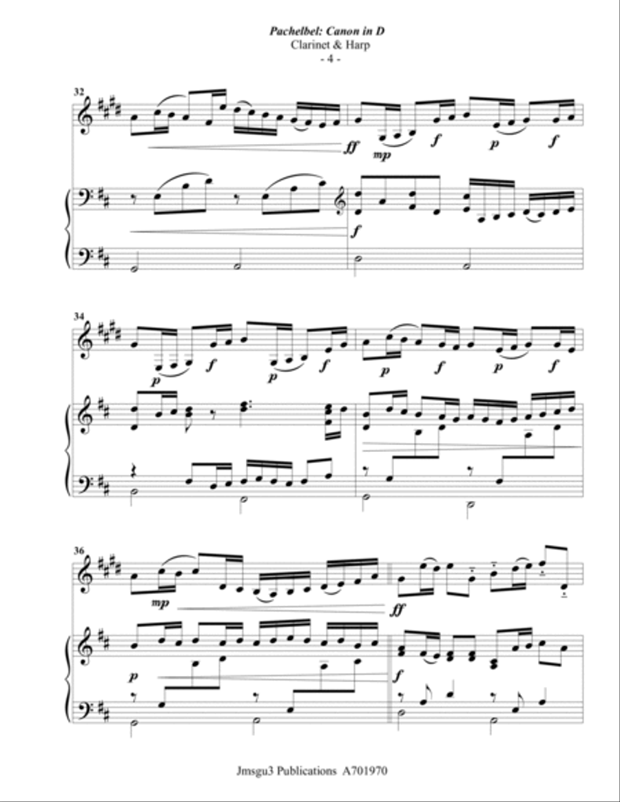 Pachelbel: Canon in D for Clarinet and Harp Clarinet scores gallery preview page 4