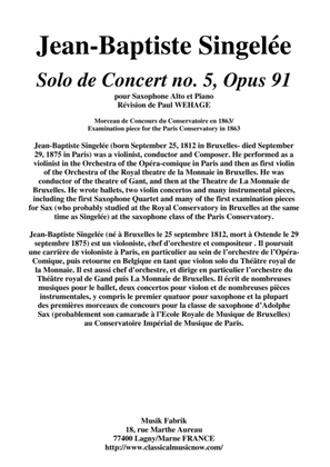 Book cover for Jean-Baptiste Singelée: Solo de Concert no. 5, Opus 91 pour Saxophone Alto et Piano