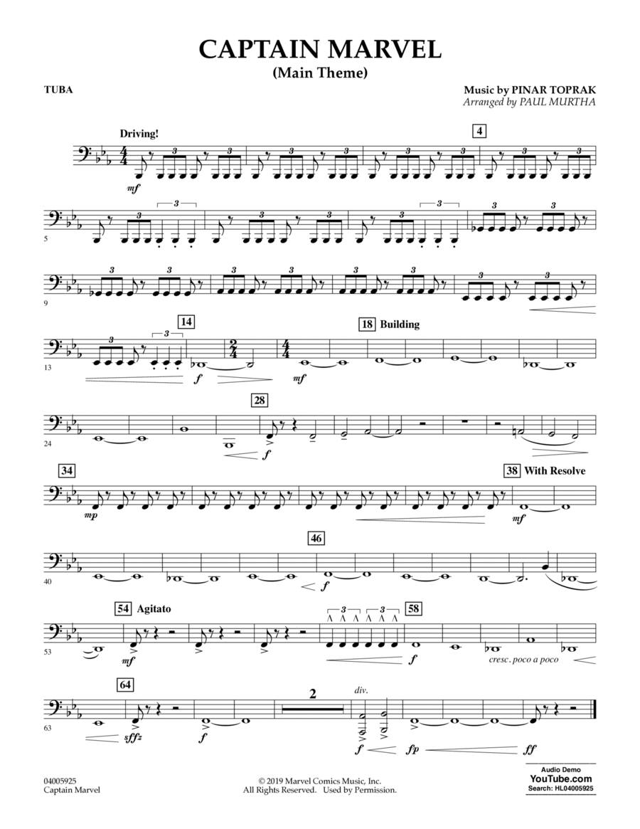 Captain Marvel (Main Theme) (arr. Paul Murtha) - Tuba Concert Band scores gallery preview page 1