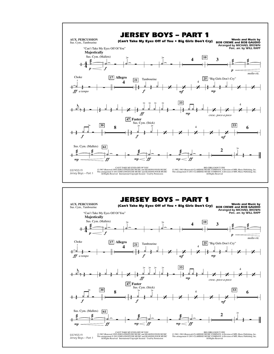 Jersey Boys: Part 1 - Aux Percussion Marching Band scores gallery preview page 1