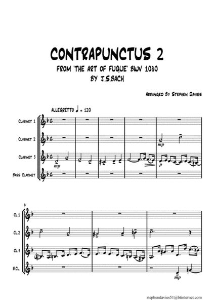 'Contrapunctus 2' By J.S.Bach BWV 1080 from 'The Art of the Fugue' for Clarinet Quartet. image number null