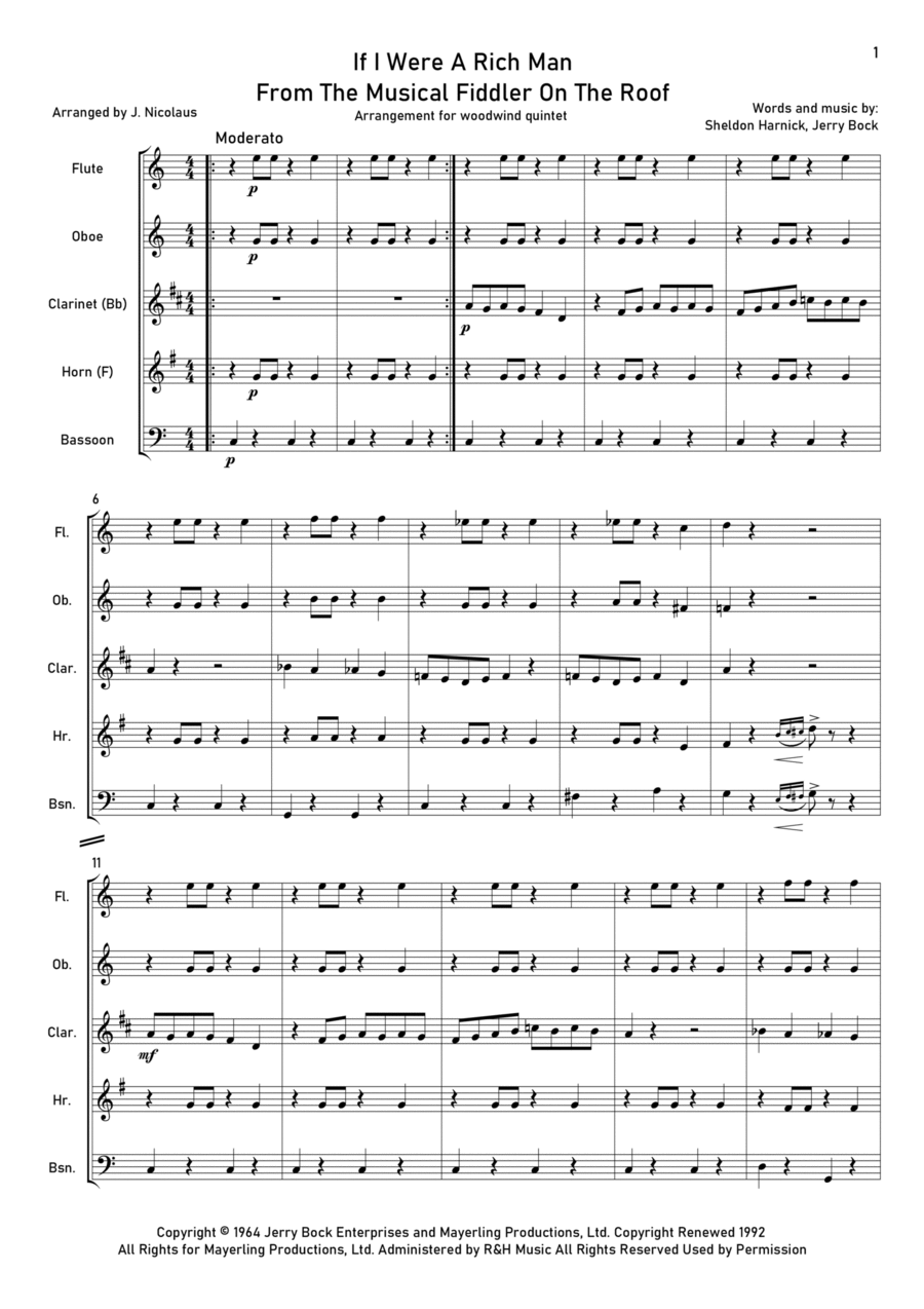If I Were A Rich Man If I Were A Rich Man Woodwind Quintet scores gallery preview page 1