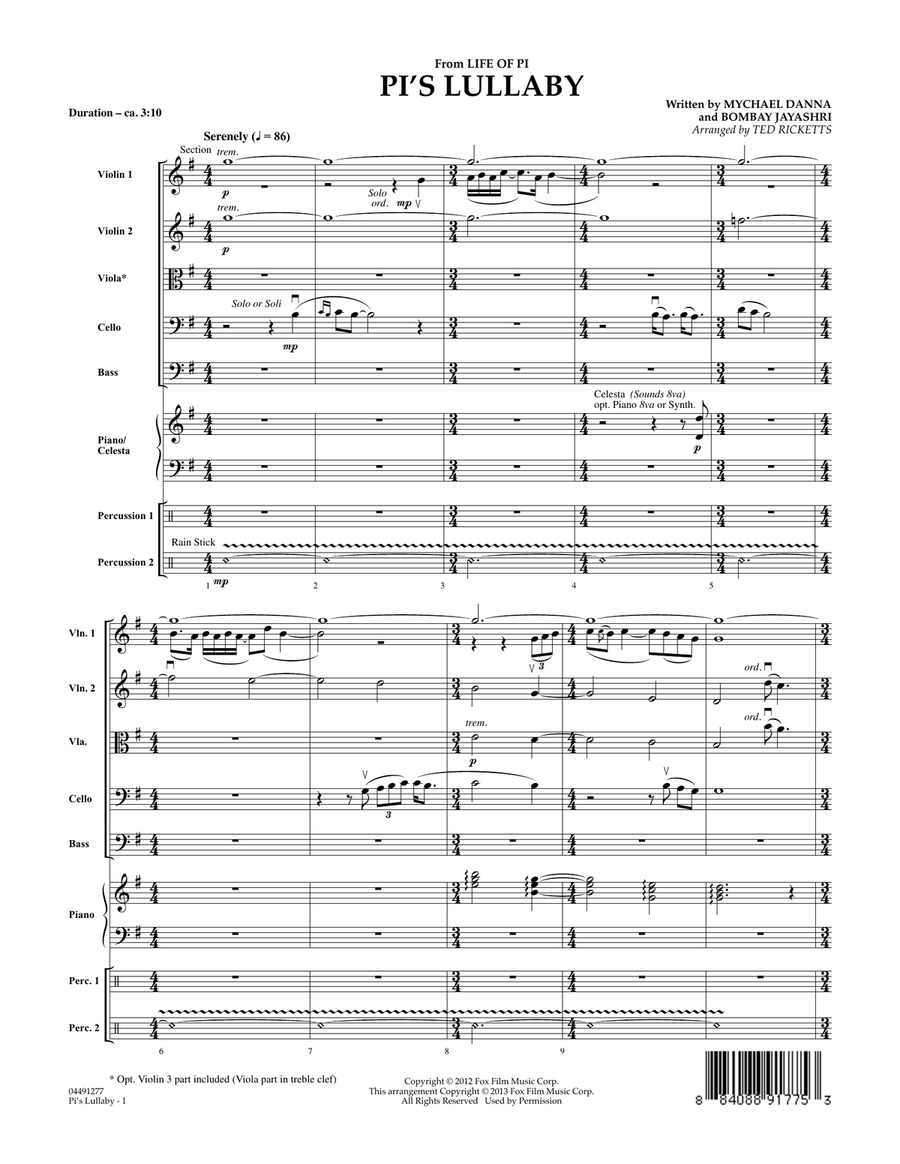 Pi's Lullaby (from Life of Pi) - Conductor Score (Full Score) Orchestra scores gallery preview page 1