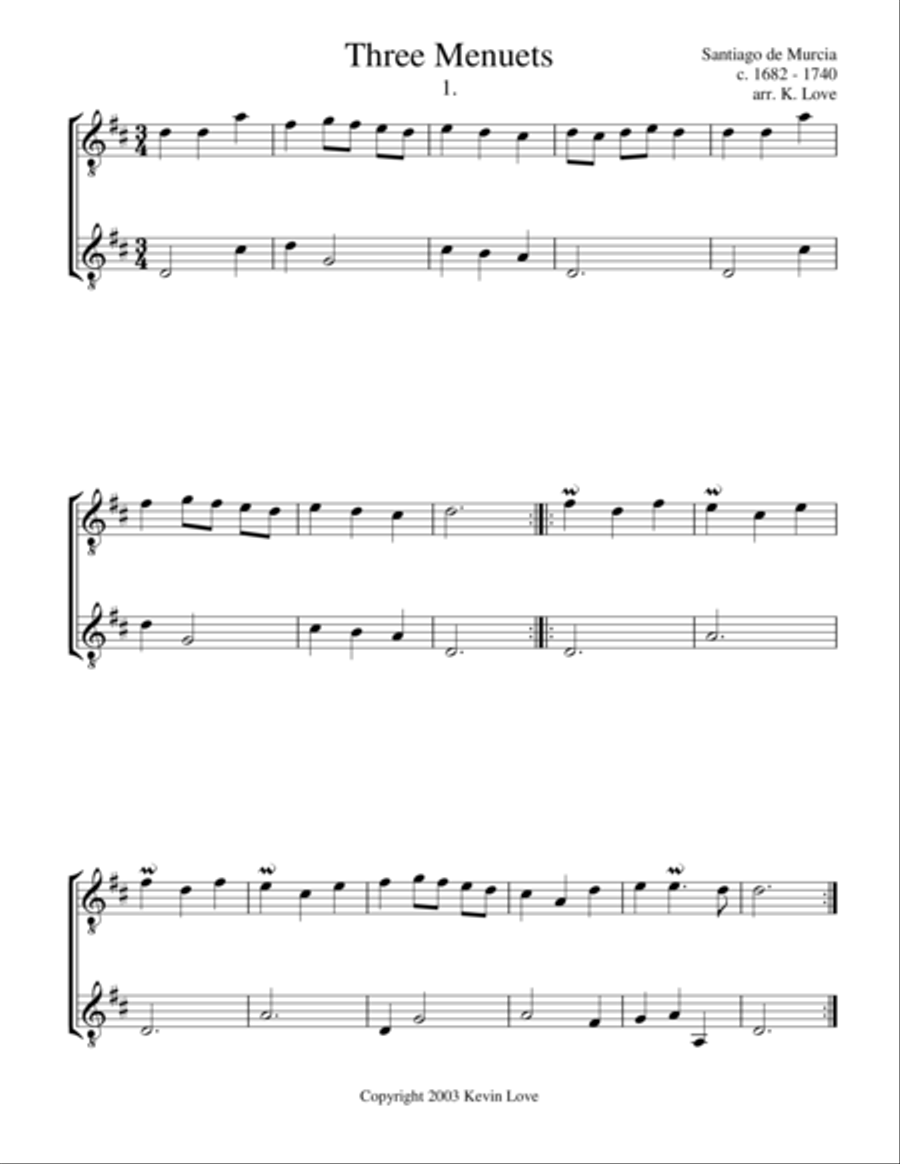 Three Menuets (Guitar Duo) Classical Guitar scores gallery preview page 1