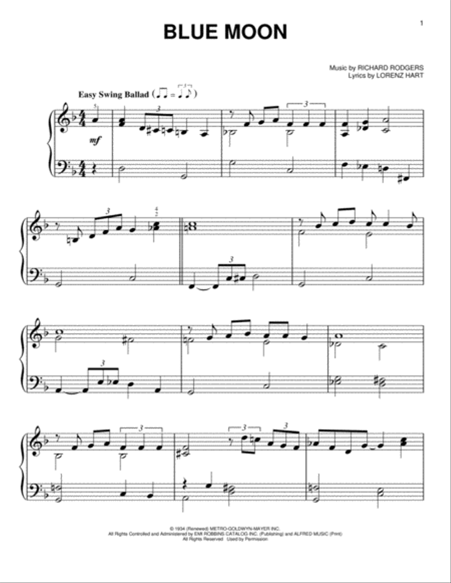 Blue Moon Easy Piano scores gallery preview page 1