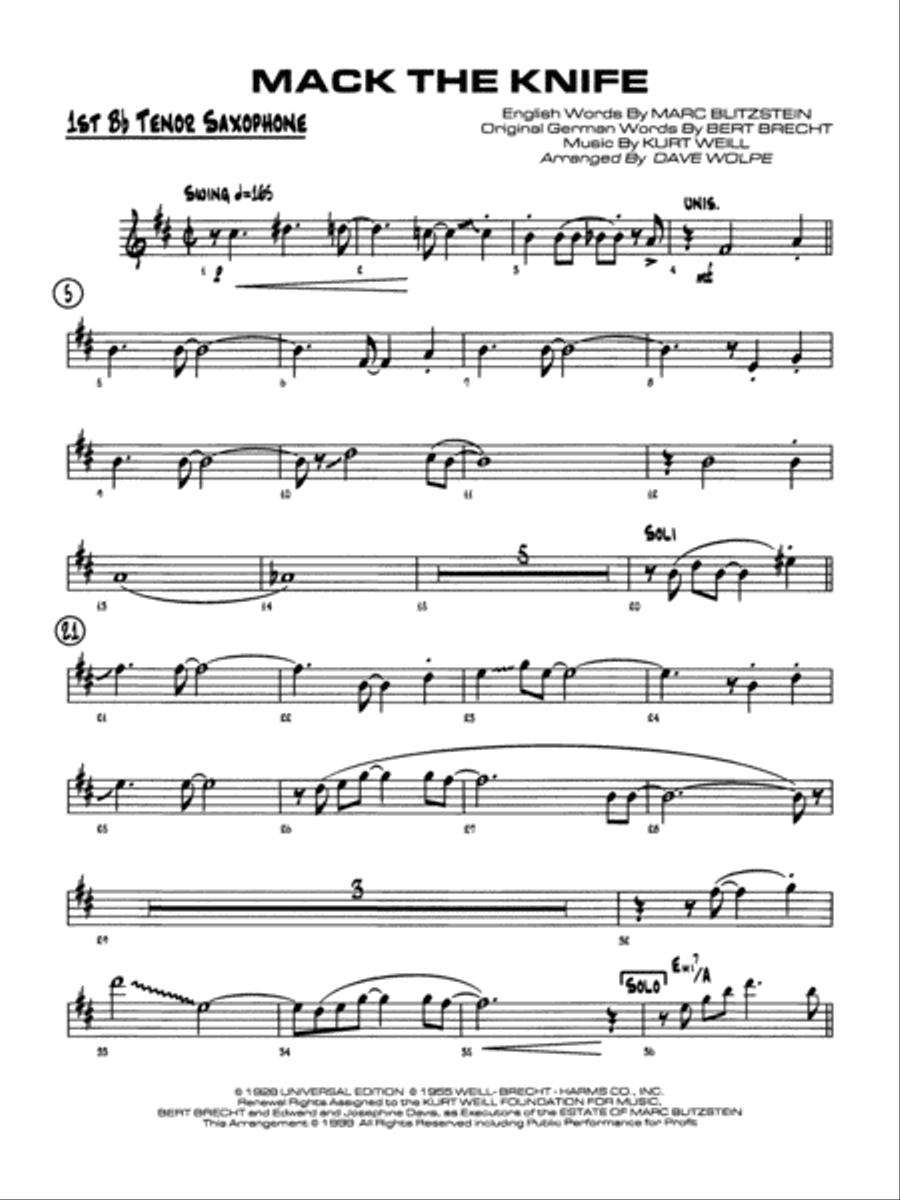 Mack the Knife (from The Threepenny Opera): B-flat Tenor Saxophone Jazz Ensemble scores gallery preview page 1
