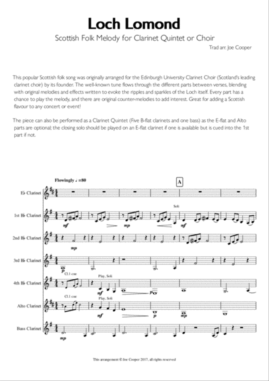 Loch Lomond - Scottish Folk Melody for Clarinet Choir or Quintet Woodwind Quintet scores gallery preview page 1