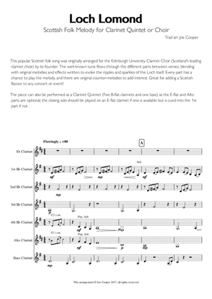 Loch Lomond - Scottish Folk Melody for Clarinet Choir or Quintet