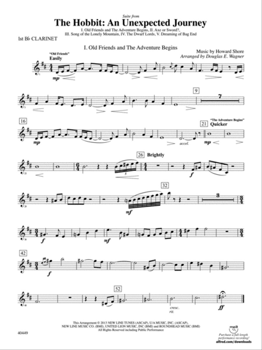 The Hobbit: An Unexpected Journey, Suite from: 1st B-flat Clarinet Full Orchestra scores gallery preview page 1