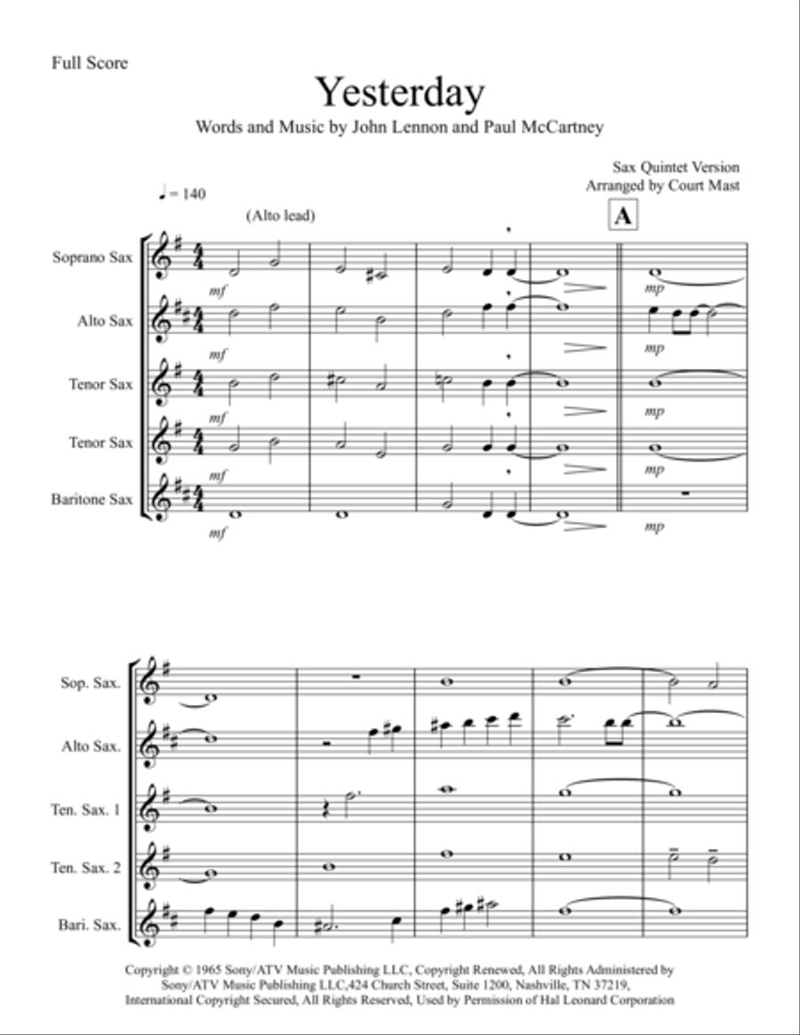 Yesterday Small Ensemble scores gallery preview page 1