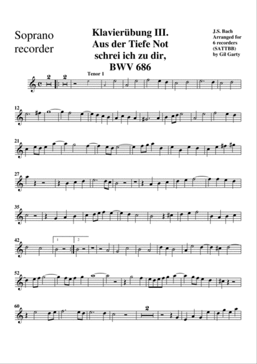 Aus der Tiefe Not schrei ich zu dir from Klavieruebung III, BWV 686 (arrangement for 6 recorders) Recorder scores gallery preview page 5