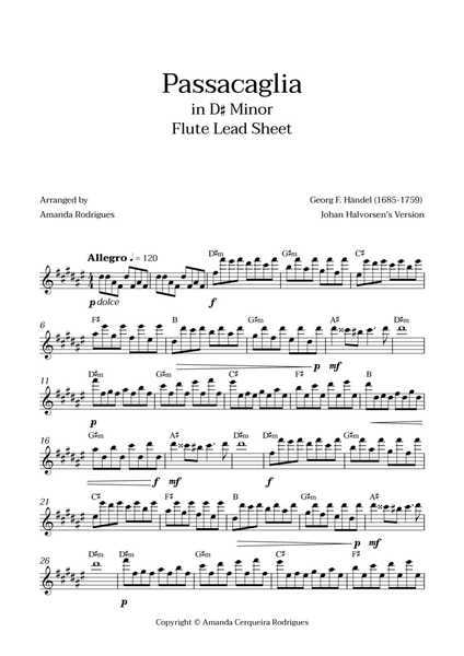 Passacaglia - Easy Flute Lead Sheet in D#m Minor (Johan Halvorsen's Version) image number null