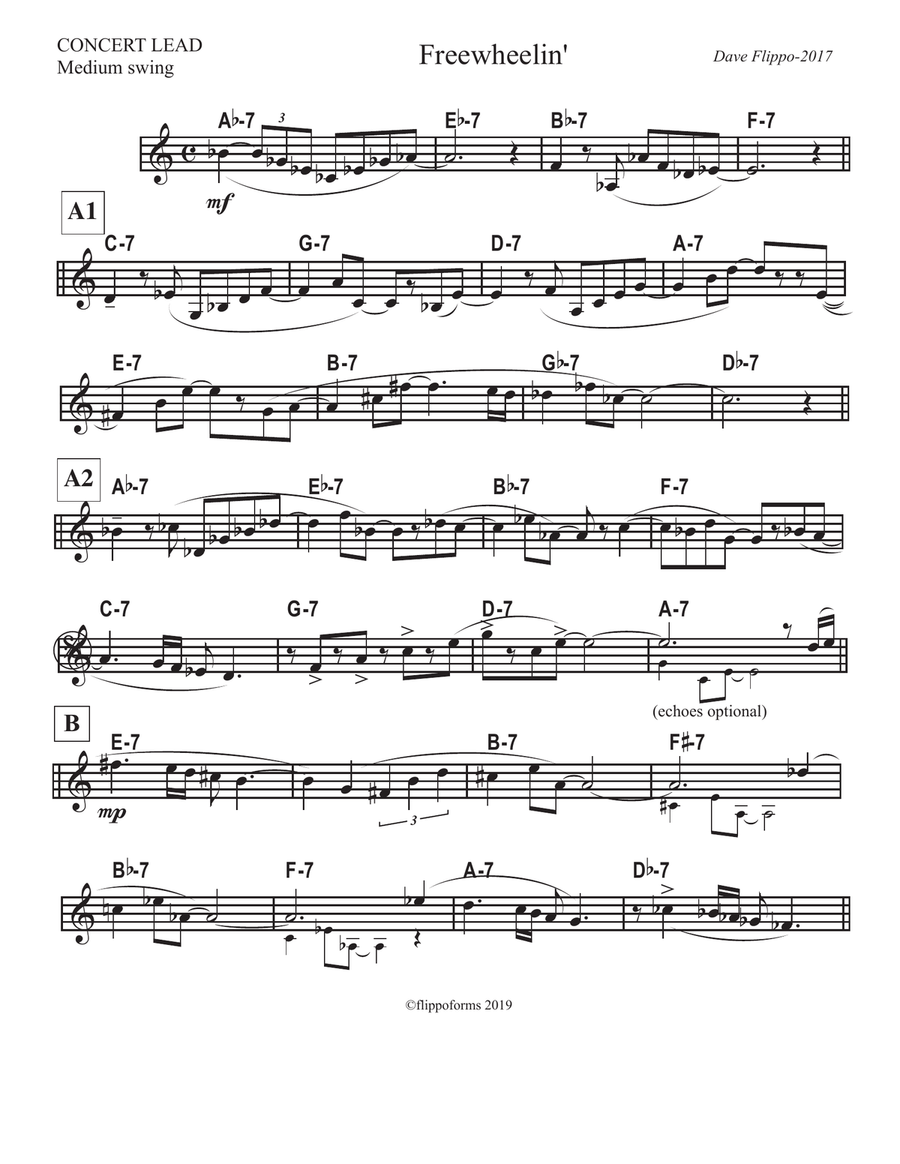 FREEWHEELIN' - C and Bb Lead Sheets - Syncopated 4/4 swing tune. Small Ensemble scores gallery preview page 2