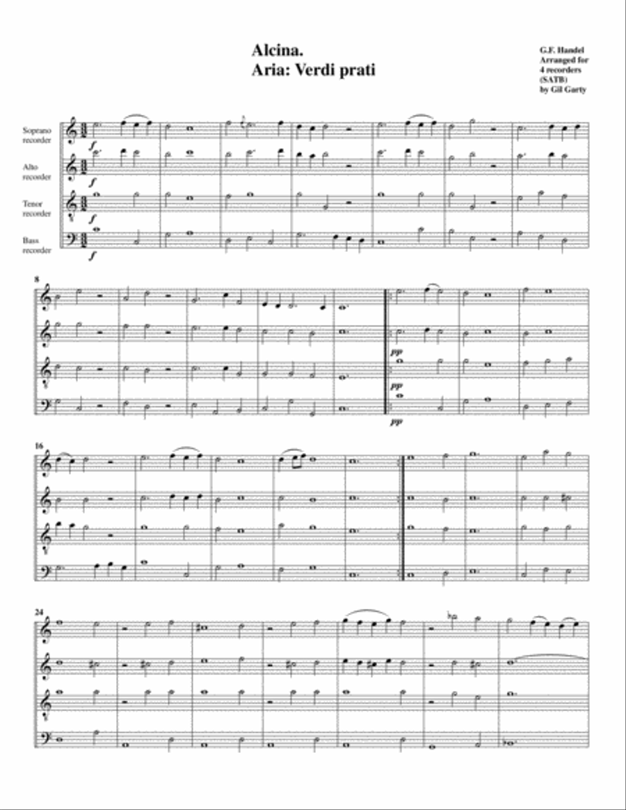 Aria: Verdi prati from Alcina (arrangement for 4 recorders)